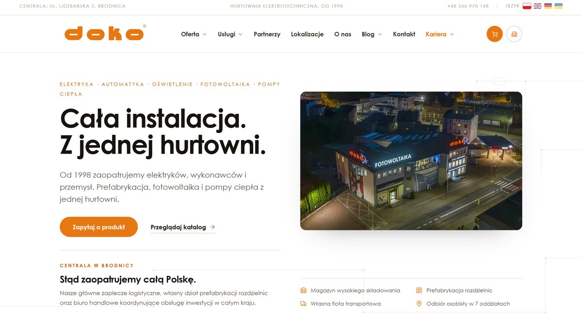 Strona główna doko.pl, hurtowni elektrotechnicznej DOKO