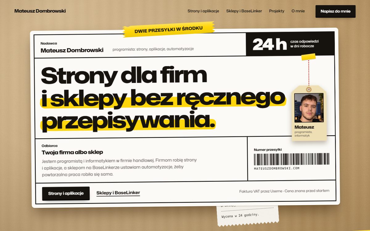 Strona główna mateuszdombrowski.com: etykieta nadawcza na kartonie